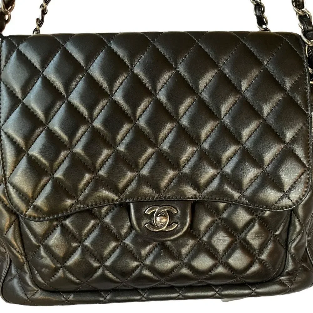 Chanel Lambskin Quilted Front Flap Tote Handbag Black
